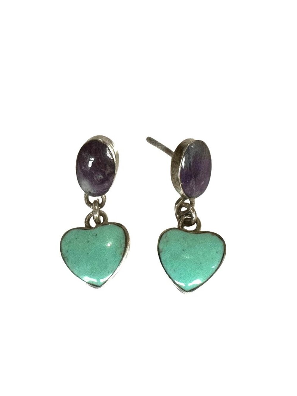 Unmarked Silver Purple & Turquoise Heart Dangle Earrings